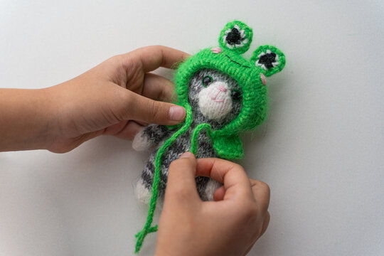 Knitted toy cat with a toad cap on a white background