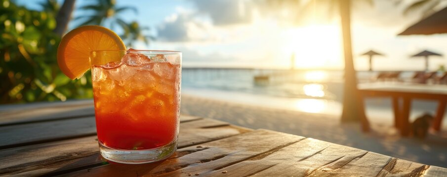 Cocktail drink at sunset beach in background.