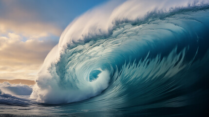 Giant tsunami wave on the ocean. Huge waves - obrazy, fototapety, plakaty