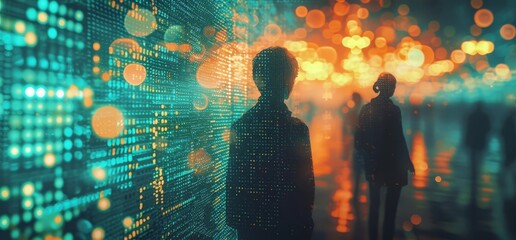 two people are looking at a futuristic background with dots and images - obrazy, fototapety, plakaty