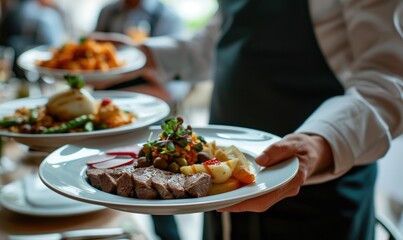 Waiter carry plate with steak meat or fresh dish on wedding ceremony.