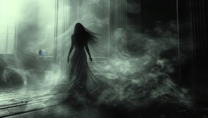 Woman ghost in black and white dress scares in the haunted house.