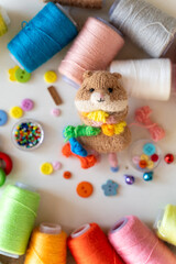 Knitted hamster toy with yarn and knitting accessories - 743658101