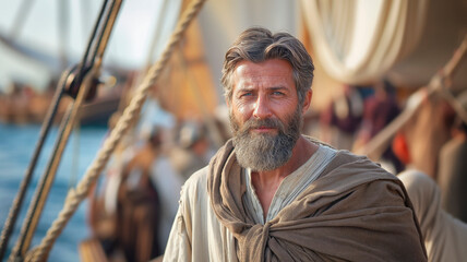 Resolute portrayal of the biblical Paul, an intellectual figure, in ancient attire on a ship. - obrazy, fototapety, plakaty