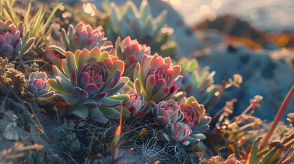 Hens and Chicks thriving on rocky terrain, using cinematic framing to emphasize their resilience and natural colors against a rugged backdrop.