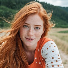 Portrait of a charming red-haired young woman with lots of freckles in close-up.