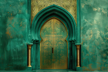 futuristic archway background, framed by green and gold wall. green and gold background with an...