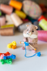 Knitted hamster toy with yarn and knitting accessories - 743658377
