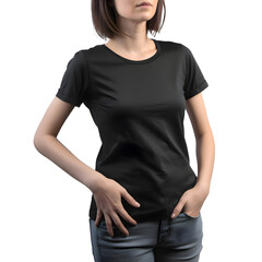 Women wearing blank black t shirt with clipping path on white background.