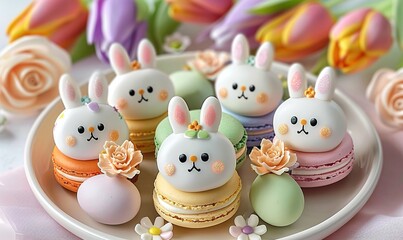 cute and tasty bunny easter colorful macarons - obrazy, fototapety, plakaty
