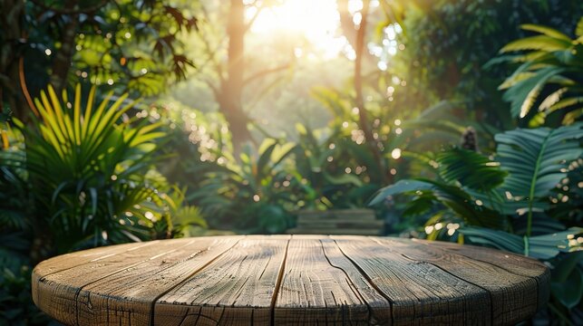 Wood tabletop podium floor in outdoors tropical garden forest blurred green leaf plant nature background