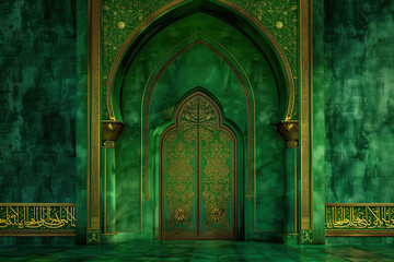 futuristic archway background, framed by green and gold wall. green and gold background with an arched door. ramadan kareem banner background. ramadan kareem holiday celebration concept