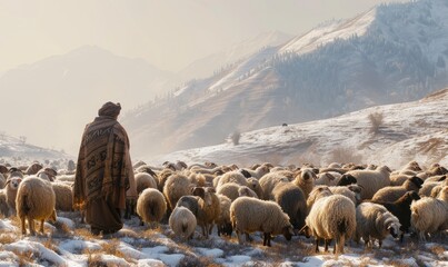 large flock of cashmere sheep in himalaya mountains - obrazy, fototapety, plakaty