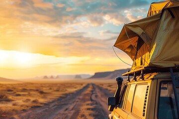 Close-up of a yellow tent attached to the top of an adventure vehicle on a dusty desert road during...