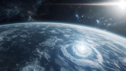 Alien planet surface, galaxy concept illustration,Universe, birth of planet, alien civilization，meteorite crater