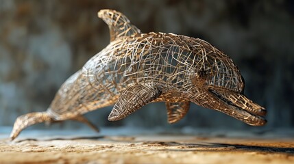 Intricate Wireframe Dolphin Sculpture on Dramatically Lit Textured Surface