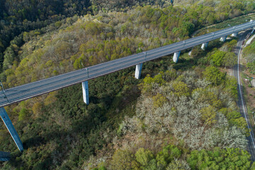 drone aerial view of a high-speed railroad in Galicia, Spain