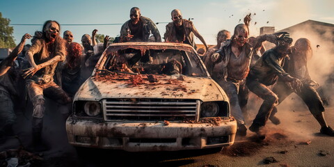 A herd of zombies attacking a car. Generative AI - obrazy, fototapety, plakaty
