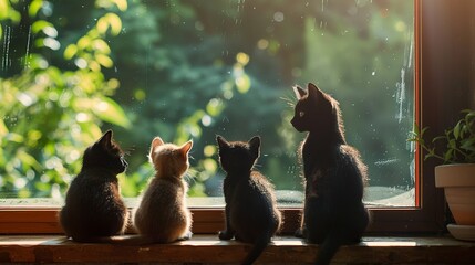 black cat meditation pose with cute kittens in the window - obrazy, fototapety, plakaty