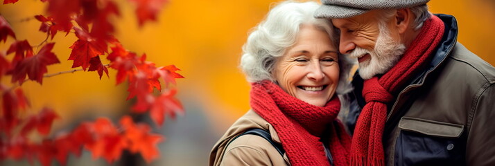 Beautiful elderly couple in the park, smiling couple walking , Generative Ai