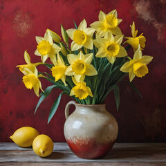 Bouquet of daffodils in vase over grunge background