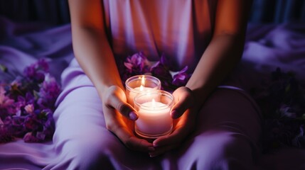 Close-up of women's hands with candles. Atmospheric image of flowers and candles. Harmony and balance. Femininity and tenderness. - obrazy, fototapety, plakaty