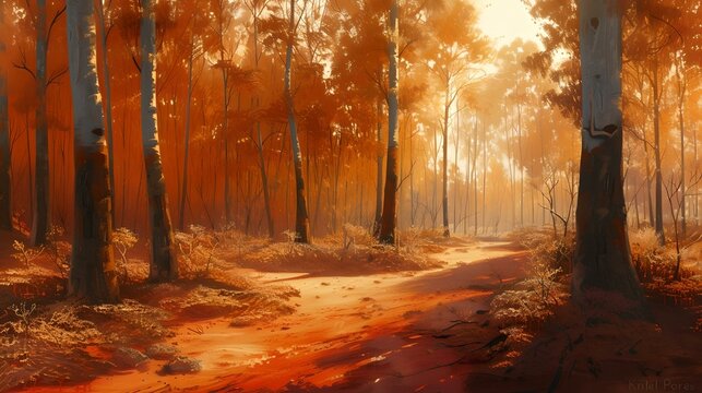 Serene autumn forest pathway in the golden hour light. peaceful nature scenery for calming wallpapers. fine art landscape photography. AI