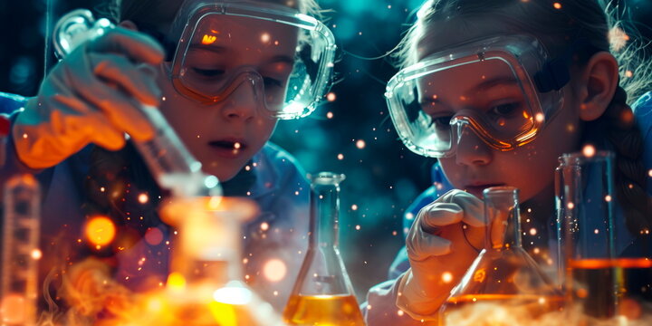 Little students conducting a chemical experiment.Generative AI