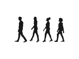 Fototapeta na wymiar students walking silhouettes. Black silhouettes of beautiful mans and womans. Black silhouettes woman with backpack on a back. Black silhouettes of beautiful mans and womans on white background.