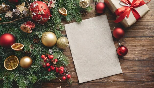top view blank a3 paper placemat on a christmas table mockup photo realistic render christmas card with christmas decorations