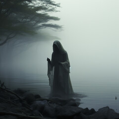 A spectral figure at the edge of a misty lake the scene blending natural beauty with a sense of impending doom
