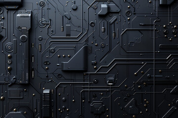 Dark circuit board with golden connections and components