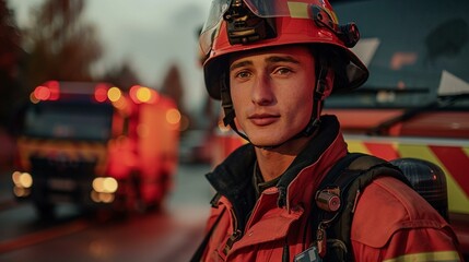 A firefighter in uniform standing in front of a fire truck, labour day