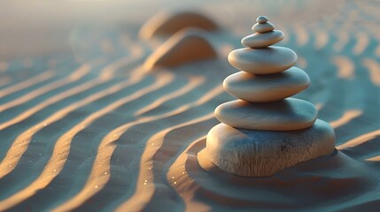 Serenity in nature, a stack of stones balancing on sandy ripples. perfect for peace and meditation themes. peaceful decor. AI