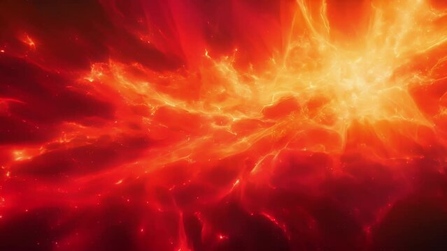 A burst of fiery energy engulfs the canvas resembling a solar flare in its most intense form. Bright reds and oranges dance across a dark background creating a sense of awe
