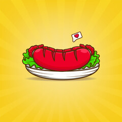 Free vector illustration of sausage on a plate complete with lettuce leaves.