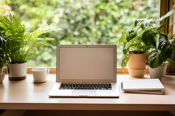 Laptop with blank screen on a desk at home. Technology, business and work from home concept