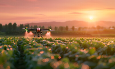 drone flying on farmland at sunrise background