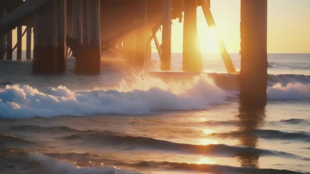 The faint sound of waves crashing against the pier amplifying the calming atmosphere of the sunset.