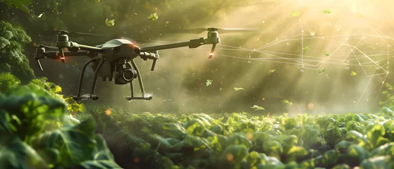 Keuken spatwand met foto Smart farm drone flying spray Modern technologies in agriculture. industrial drone flies over green field and sprays useful pesticides to increase productivity destroys harmful insects. © NaLan