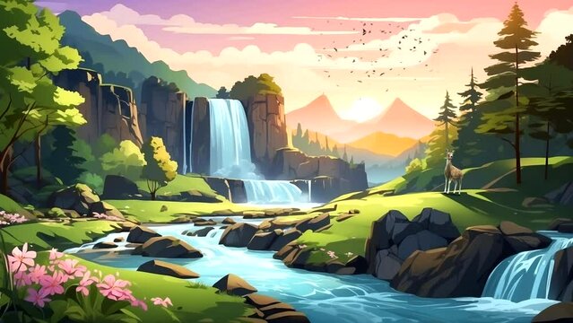 Sunrise View: A Majestic Waterfall in the Mountain Forest. Seamless looping 4k time-lapse virtual video animation background