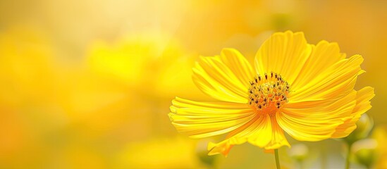 A closeup shot capturing the vibrant yellow sulfur cosmos flower in full bloom with a blurry background.