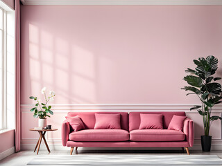 Rose-Hued Relaxation: Plush Pink Sofa Set, Blank Wall Space