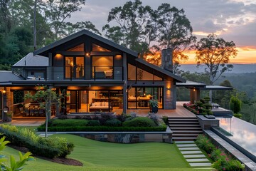The home has contemporary concrete paths that link different areas, blending modernism with old charm seamlessly. 
