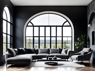 Modern Living Envy: Tufted Black Sofa Set, Panoramic Windows - obrazy, fototapety, plakaty