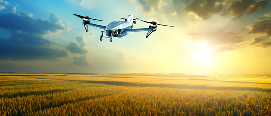 drone flying on farmland at sunrise background - obrazy, fototapety, plakaty