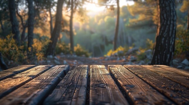 Wooden board empty table blurred background. Perspective brown wood table over blur trees forest background