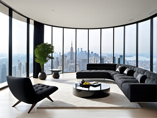 Sleek Seating Stunner: Tufted Black Sofa, Windows Wow Modern Living