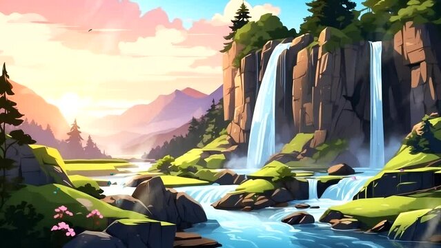 Sunrise View: A Majestic Waterfall in the Mountain Forest. Seamless looping 4k time-lapse virtual video animation background