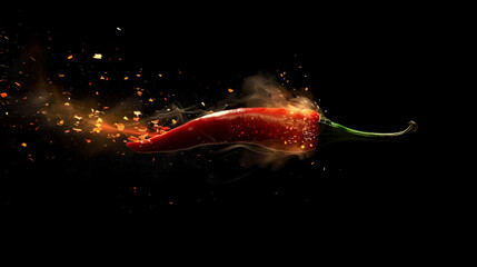 Fresh red chili pepper on fire The concept of spicy food and spices ,Red hot Chili pepper with fire coming out of it. Dark Black